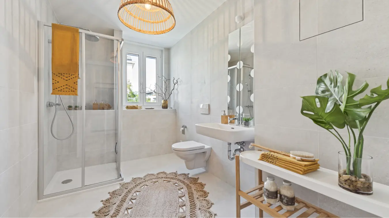 Modernes, hell gefliestes Badezimmer mit Glasdusche, Hänge-WC und Holzelementen.